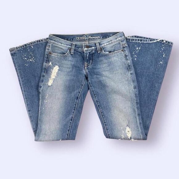 Y2k Guess Blue Denim Flare Jeans Distressed - Picture 1 of 7